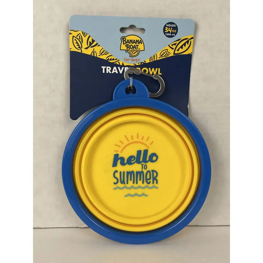 Banana Boat Dog Water Bowl Travel Collapsible Silicone Carabiner Holds 34 oz
